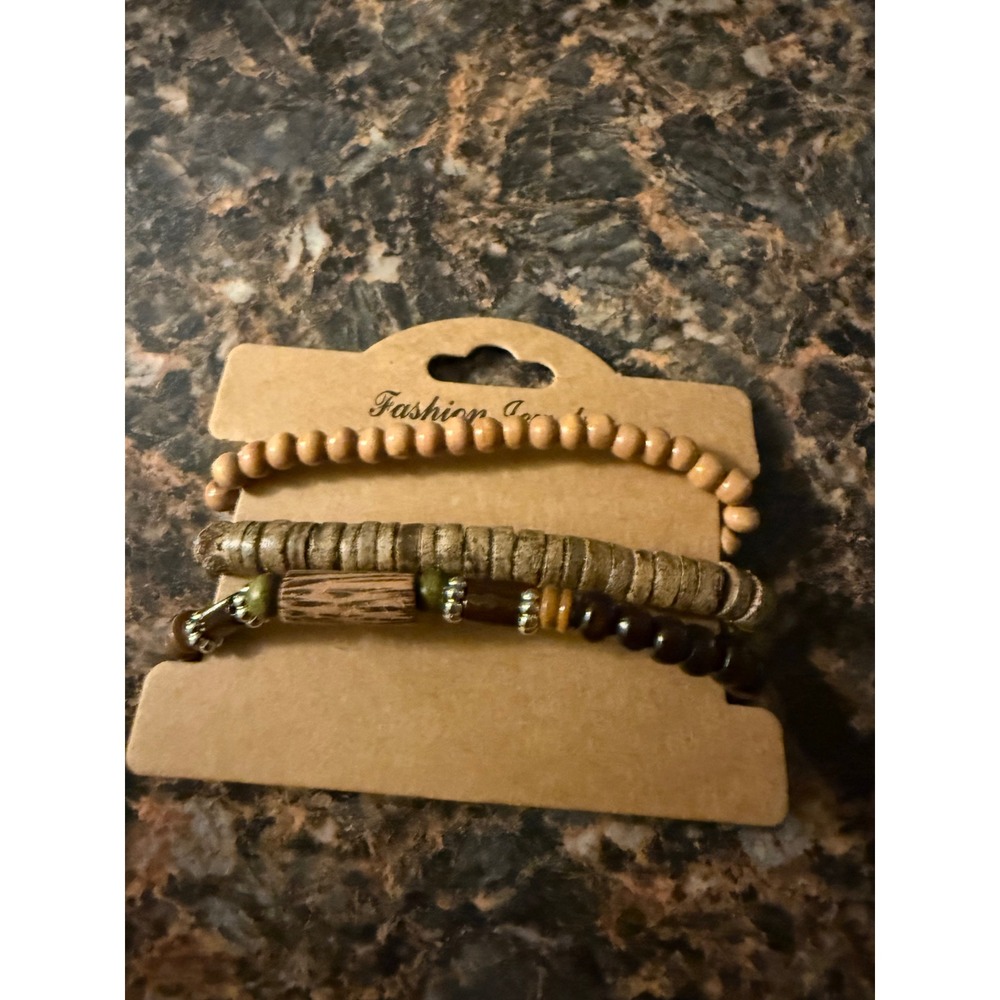 Fashion Jewelry Wood Bead Stretch Bracelet Set 3 Piece Brown Tan Boho Earthy